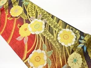曲線に花葉模様織出し袋帯